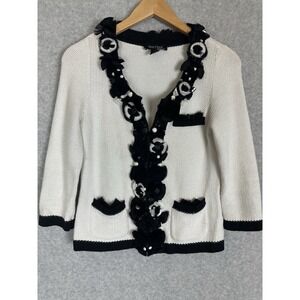 White House Black Market Women's XS Floral Embellished Trim Cardigan Knit Bloom